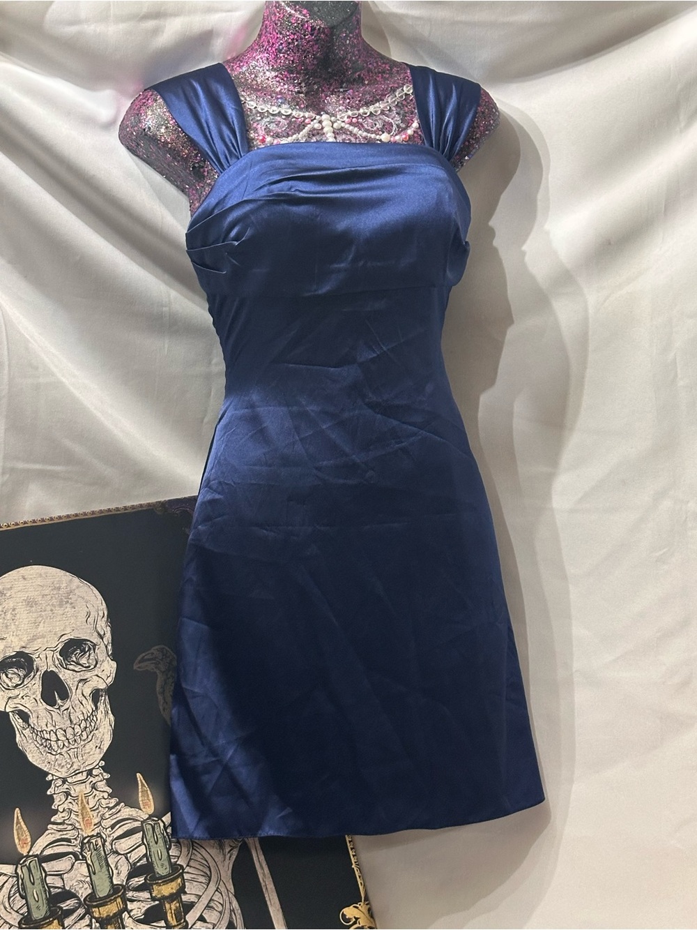 Satin Navy Square-Neck Mini Dress
